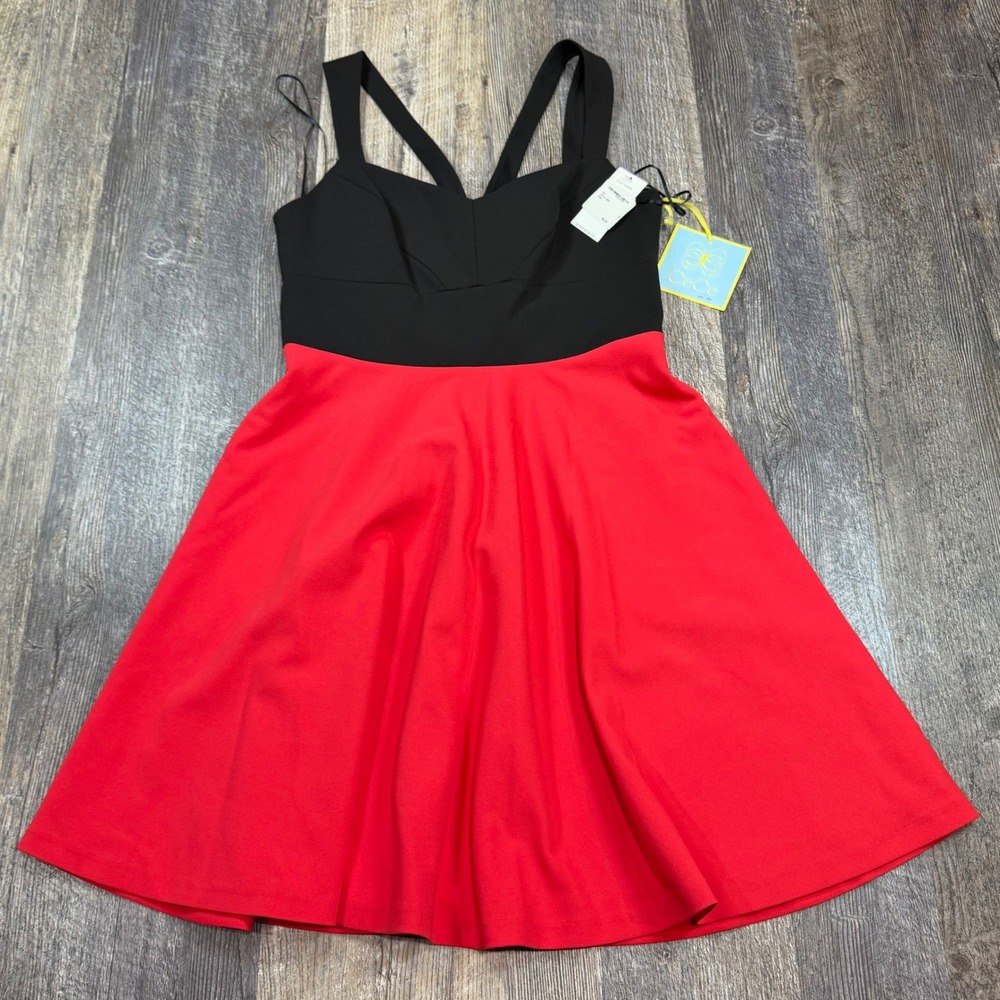CeCe Fit and Flare Dress Womens Size 4 Black Red Colorblock Sweetheart Pockets